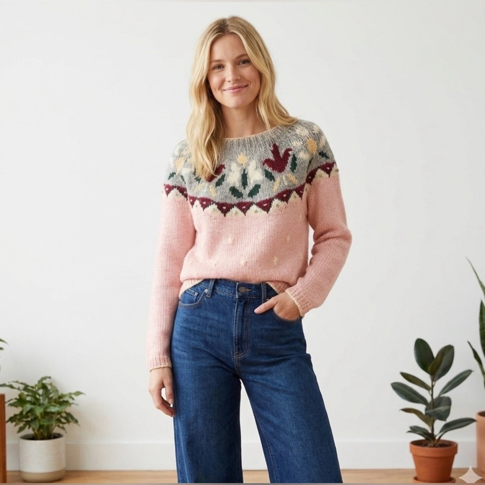 SKYR 100% Wool Cozy Fair‎ Isle Knit Sweater Cottagecore Nordic Sz M Pink